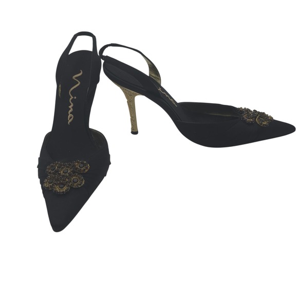 Nina Black Satin Slingback Heels Gold Sculpted Heel Jeweled Toe 6.5M Formal Gala